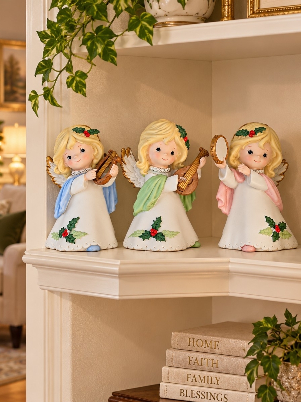 Holiday Angel Figurine with Holly Accents - White and Pastel Colors